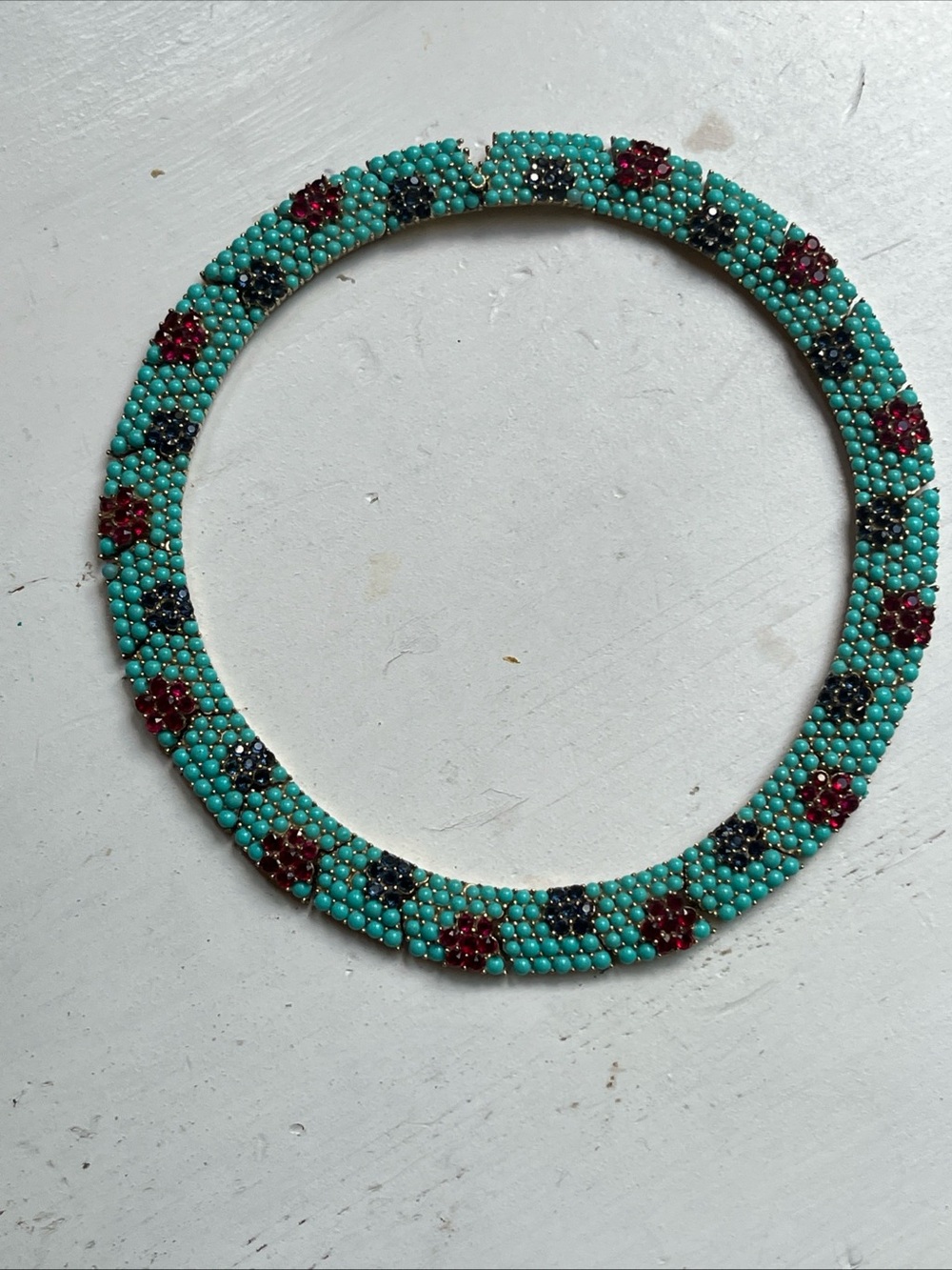Vintage crown Trifari turquoise cabochons ruby & blue rhinestone collar necklace